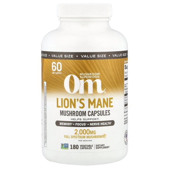 Om Mushrooms Lion's Mane Mushroom Capsules, 180 Vegetable Capsules (666 mg per Capsule)