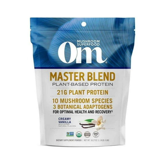 Om Mushrooms Master Blend, Plant Protein, Creamy Vanilla, 1.14 lbs (518 g)