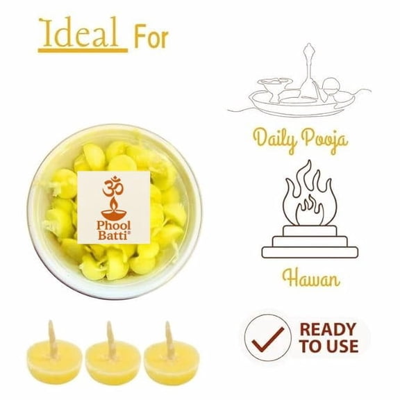 OM PHOOL BATTI Ghee Diya Batti with 30 min Burn Time, 100% Wax Free, for Pooja and Festivals (100)