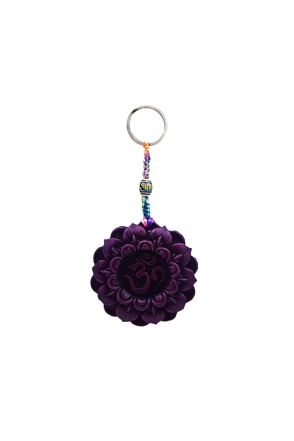 Om Purple Lotus Crown Chakra 3D Figurine Keychain Multicolored Macram Metal Ring - Handmade Gifts Boho Car Keys Bag Accessories