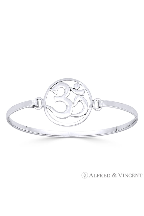 Om Symbol Hindu / Buddhist Charm Bangle Bracelet in Solid .925 Sterling Silver