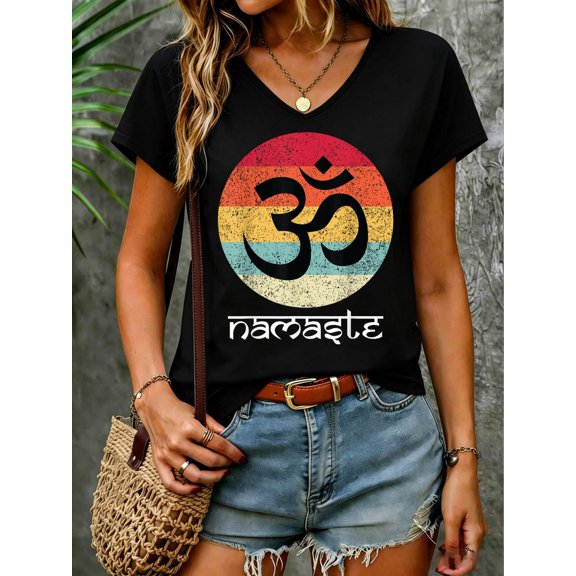 Om Symbol Namaste Aum Ohm Hindu Zen Tantra Yoga Day V Neck T-Shirt Cotton Women's V Neck Graphic Tee, Casual Short Sleeve Shirt,Vacation Outfit
