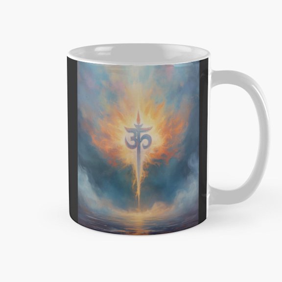 Om Symbol and Trident Blue Orange Coffee Mug, 11oz Ceramic, Spiritual Artwork