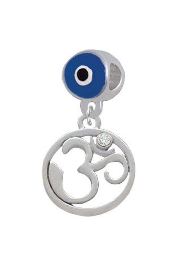 Om in Circle with Clear Crystal - Blue Evil Eye Charm Bead