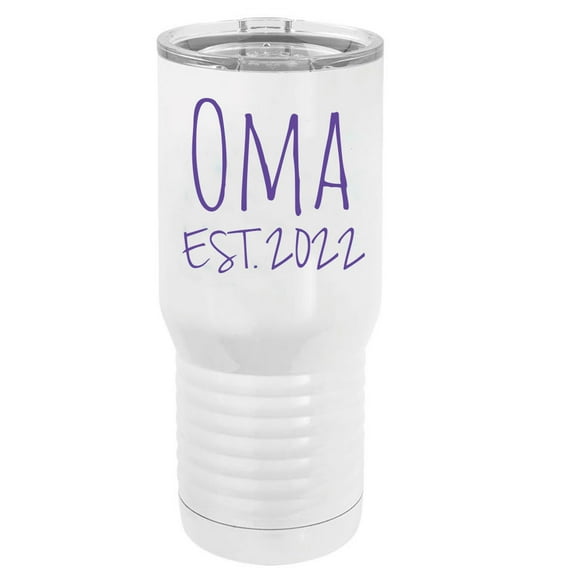 Oma Est. 2022 Established Stainless Steel Vacuum Double-Walled Insulated 20 Oz Tumbler Travel Coffee Mug with Clear Lid, White