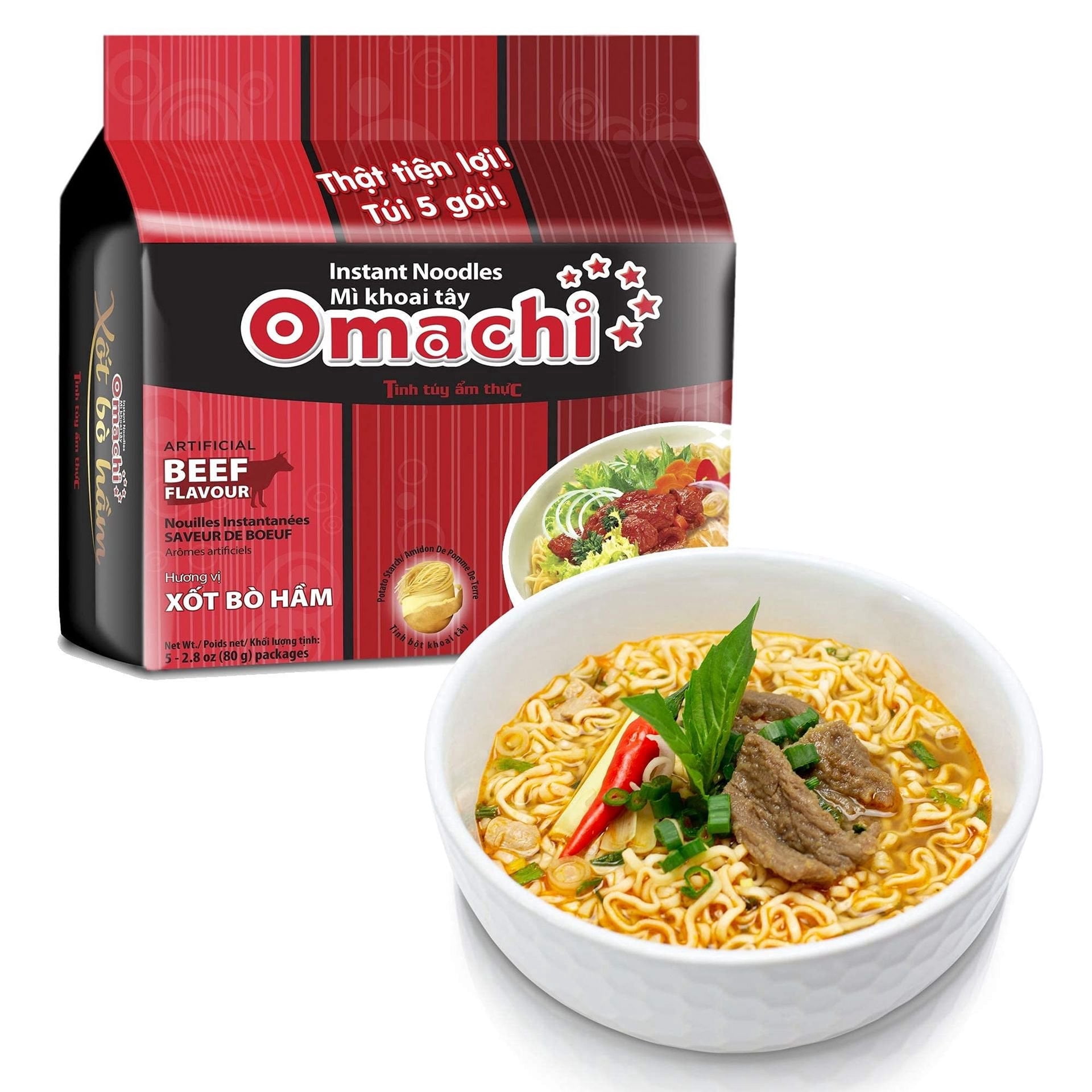 Omachi Instant Noodles 80g – Braised Beef Flavor, Non-Fried Potato Noodles (Pack of 15)