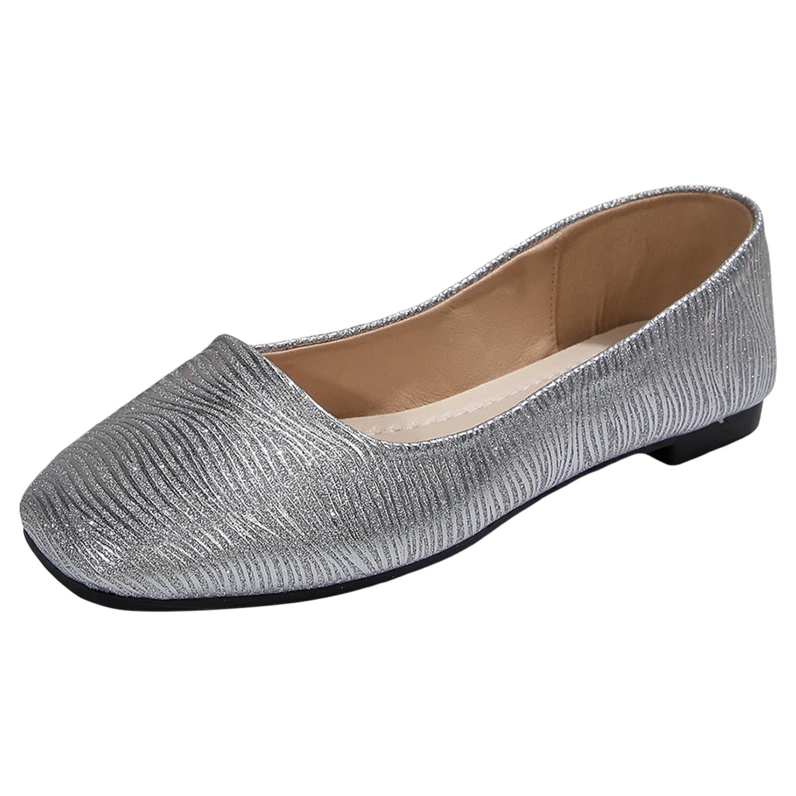 Omagie Leather Comfortable Flats Dress Shoes for Women Sliver Square