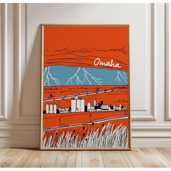 Omaha Landscape Orange Rural Print Paper Wall Art, Unframed Paper Print