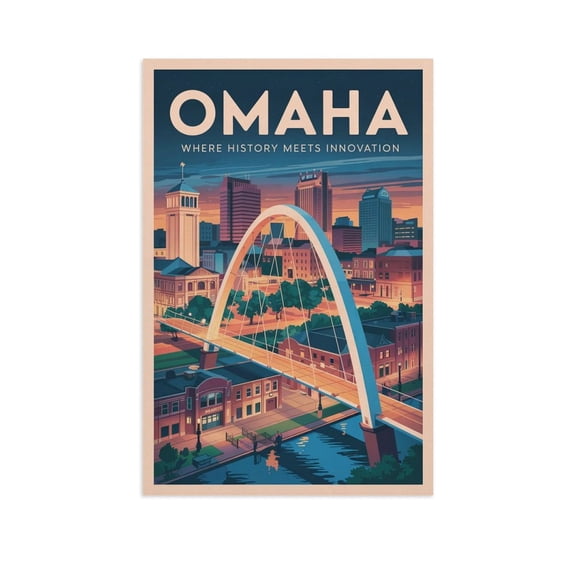 Omaha Retro Travel Poster Vintage U.S. City Tourism with Bob Kerrey Bridge & Old Market Print Poster