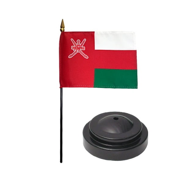 Oman Desk Flag with Base; American Made Rayon 4x6 inch Miniature Table Set Includes One Small Mini Country Stick Flags and One Black Stand (Oman Desk Flag and Base)
