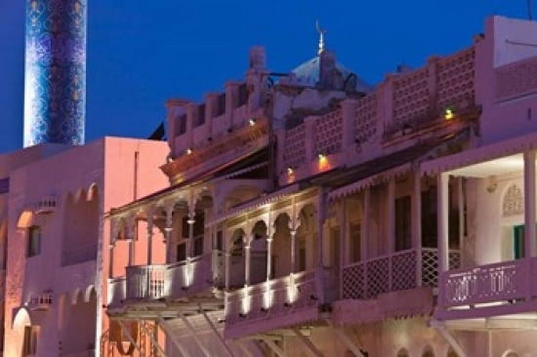 Oman Muscat Mutrah Mutrah Corniche Merchant Buildings Evening Canvas Art - Walter Bibikow DanitaDelimont (36 x 24)