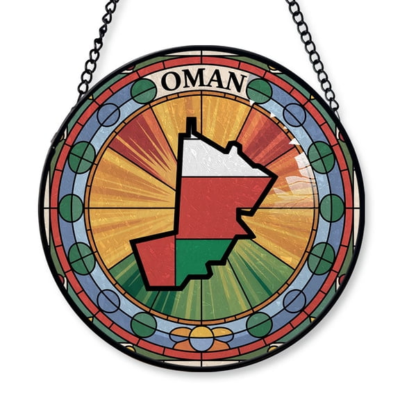 Oman Travel Decor Suncatcher Stained Glass Window Hanging, Gift for Traveller, Collection of Country Travel Souvenirs for Family and Friends, Oman Map and Flag Décor
