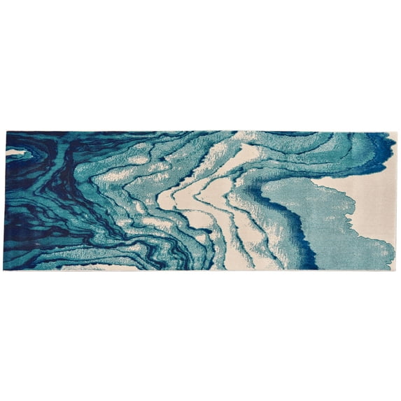 Omari Contemporary Watercolor, Atlantic Blue, 2ft - 10in x 11ft - 10in, Runner