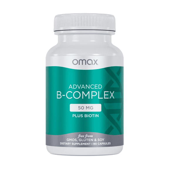 Omax Advanced Vitamin B Complex 50MG, Hair, Skin & Nails Support, Supports Immune Health - 90 Capsules