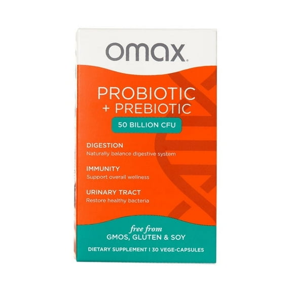 Omax Daily Probiotic & Prebiotic, 50 Billion CFU, Vegan, Dairy & Gluten Free, 30 Capsules, Adults