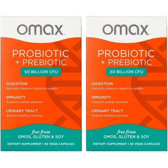 Omax Daily Probiotic & Prebiotic, 50B CFU, Vegan, Dairy-Free, Gluten-Free, 30 capsules (2 Pack)