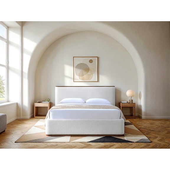 Omax Decor Aspen Upholstered Platform Queen Bed in White Cream Boucle Fabric