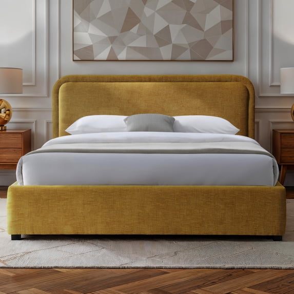 Omax Decor Chloe Fabric Upholstered Platform Queen Bed in Gold