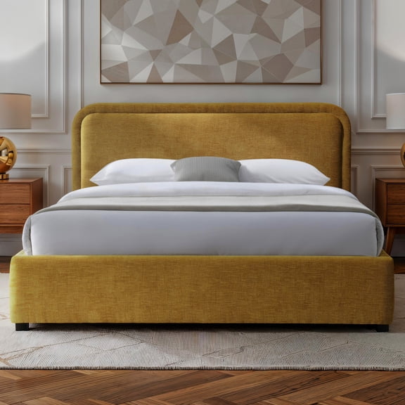 Omax Decor Chloe Fabric Upholstered Platform Queen Bed in Gold