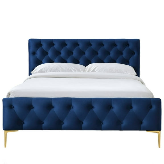 Omax Decor France Wood and Fabric Upholstered Queen Platform Bed in Blue