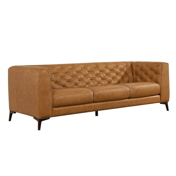 Omax Decor Havana 90" Mid Century Modern Tufted Genuine Leather Sofa in Tan