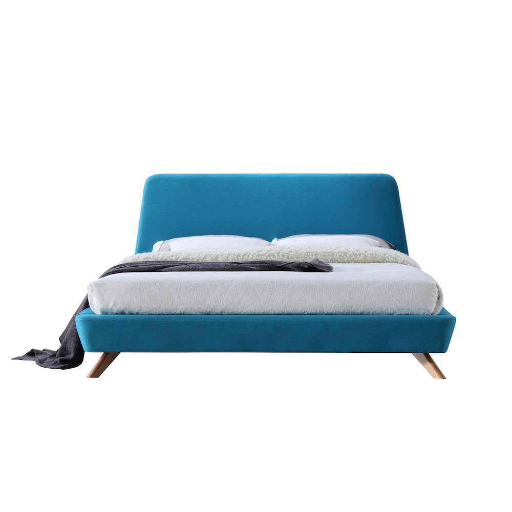 Mid-Century King Size Blue Upholstered Platform Bed with Wooden Frame