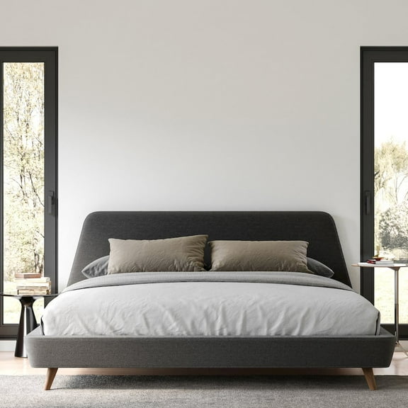 Omax Decor Henry Wood and Fabric Upholstered King Platform Bed in Dark Gray