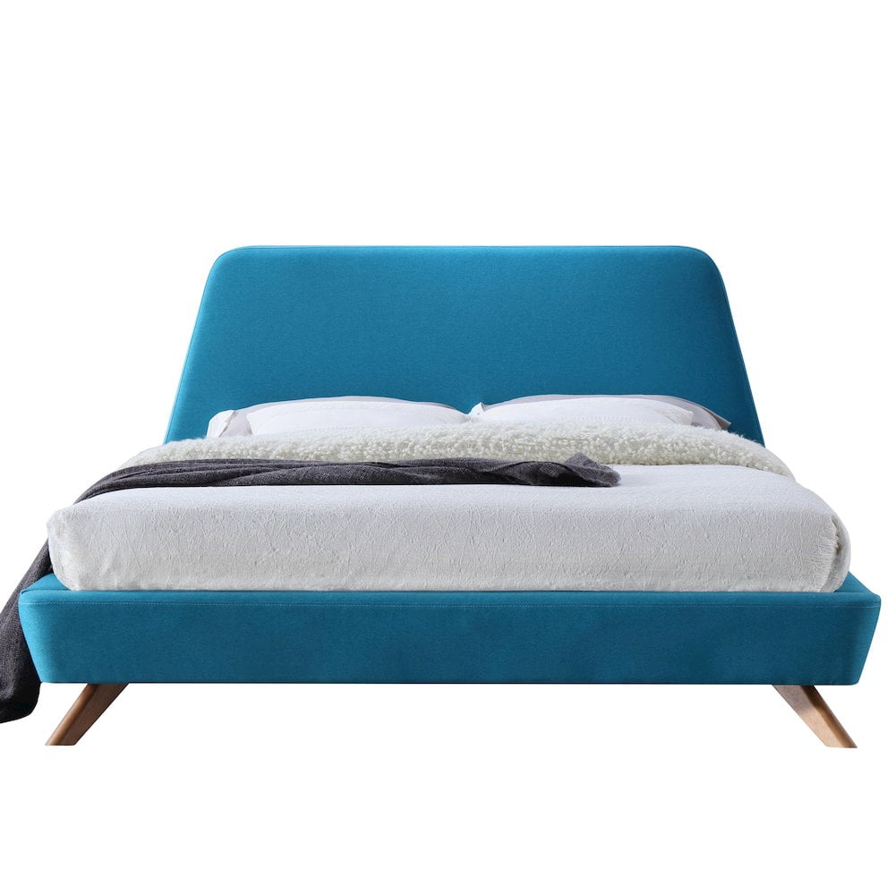 Mid-Century Blue Queen Upholstered Platform Bed with Wood Slats