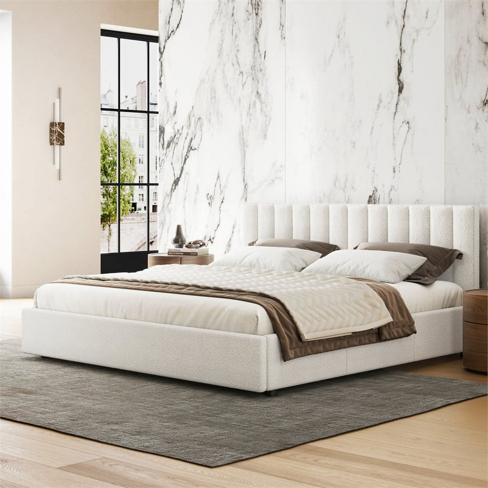 Omax Decor Jaxon Upholstered Platform Queen Bed in White Boucle Fabric