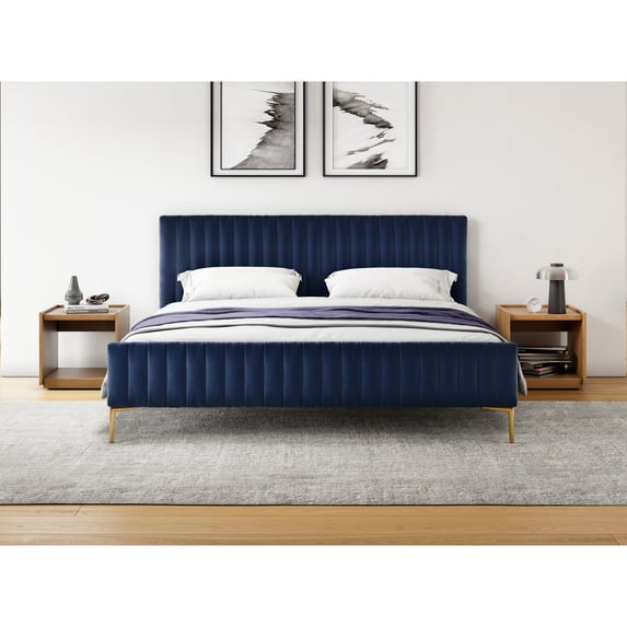 Omax Decor Julia Upholstered Fabric King Platform Bed in Blue Velvet