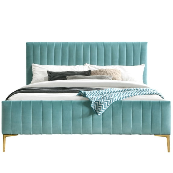 Omax Decor Julia Wood and Fabric Upholstered Queen Platform Bed in Turquoise