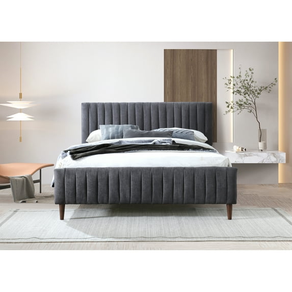 Omax Decor Spencer Wood/Fabric Upholstered Queen Platform Bed in Dark Gray