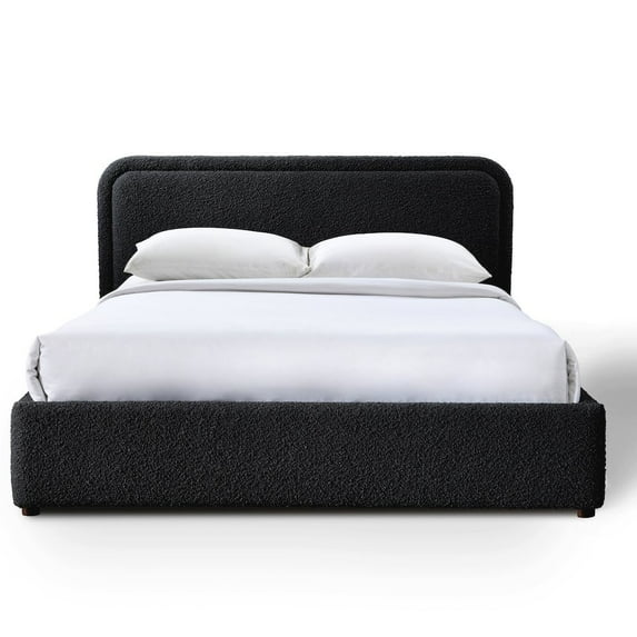 Omax Decor Upholstered Platform Queen Bed in Black Boucle Fabric
