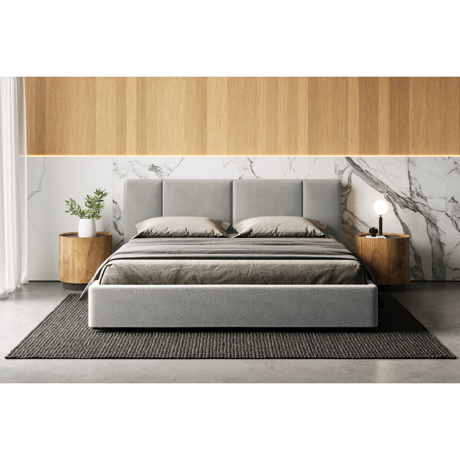 Gray King Upholstered Platform Bed with Tufted Headboard