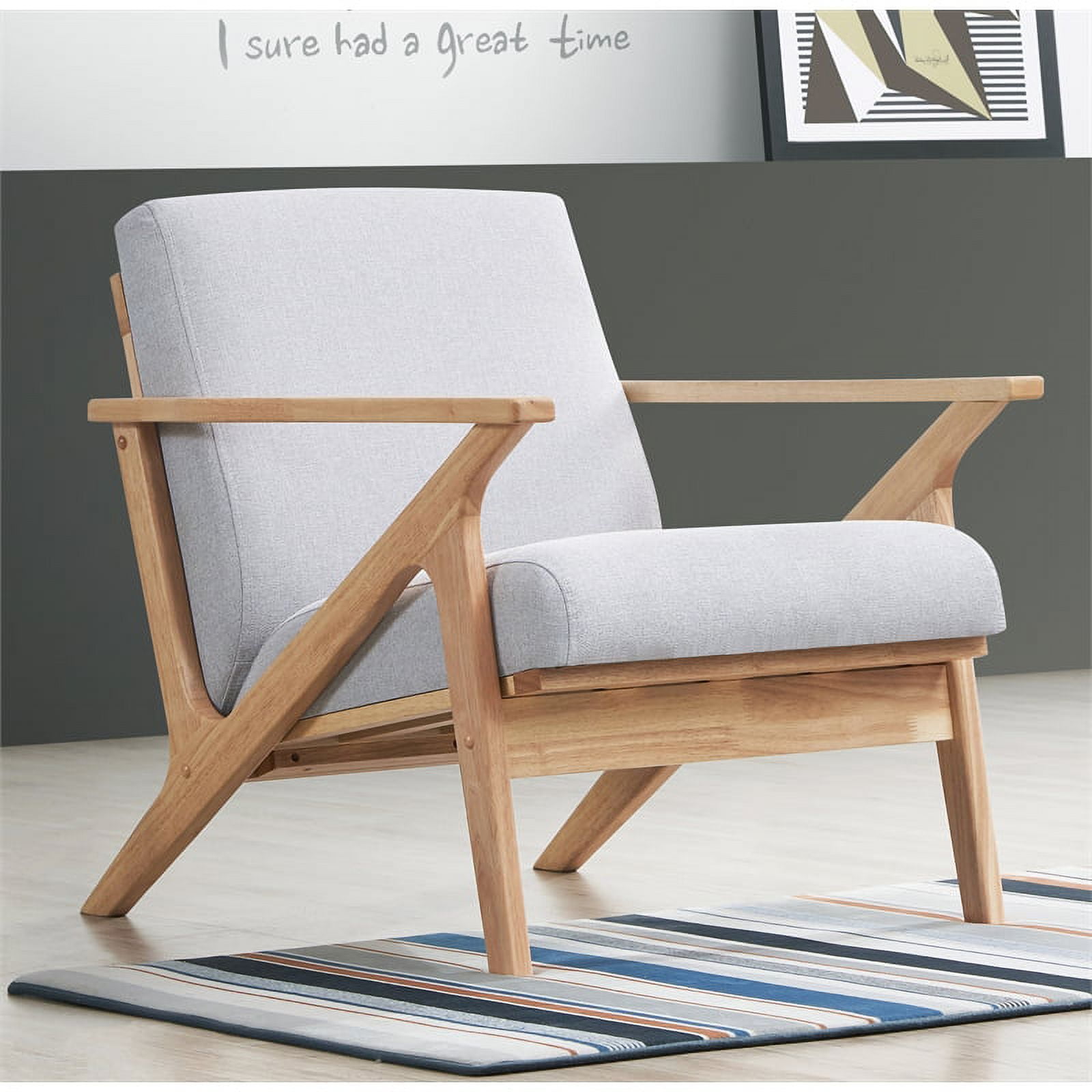 Oak and Light Gray Faux Leather Accent Chair with Wood Frame
