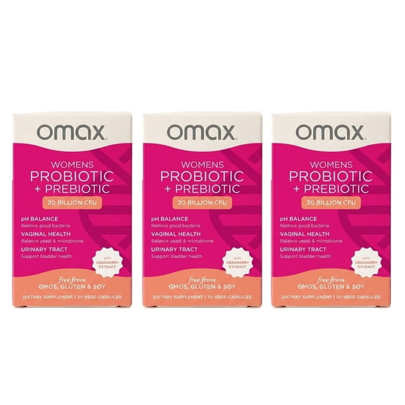 Omax Probiotic Prebiotic for Women 20 Billion CFU, Vaginal & Urinary Tract Support - 3 Pack
