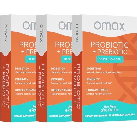 Omax Probiotic & Prebiotic 50 Billion CFU, Digestive & Gut Health Support, Bloating Relief 3 Pack