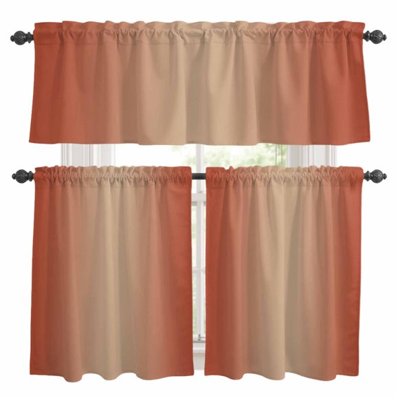 Ombre Abstract Kitchen Curtains Valances and Tiers Set of 3 Gradient Red Orange Tier Curtains and Valance with Rod Pocket for Small Windows, 27.5"x24"