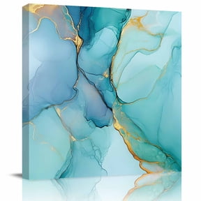 Ombre Aqua Green Blue Marble Canvas Artwork Painting Art, Golden Vein Abstract Color Square Framed Wall Decorations Prints Picture for Bedroom Kitchen Living Room, 8x8 in