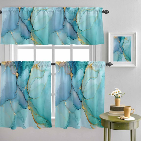Ombre Aqua Green Blue Marble Curtain Tier and Valance Set 3 Piece, Golden Vein Abstract Color 3-inch Rod Pocket Window Tier Curtains Valance for Kitchen Living Room