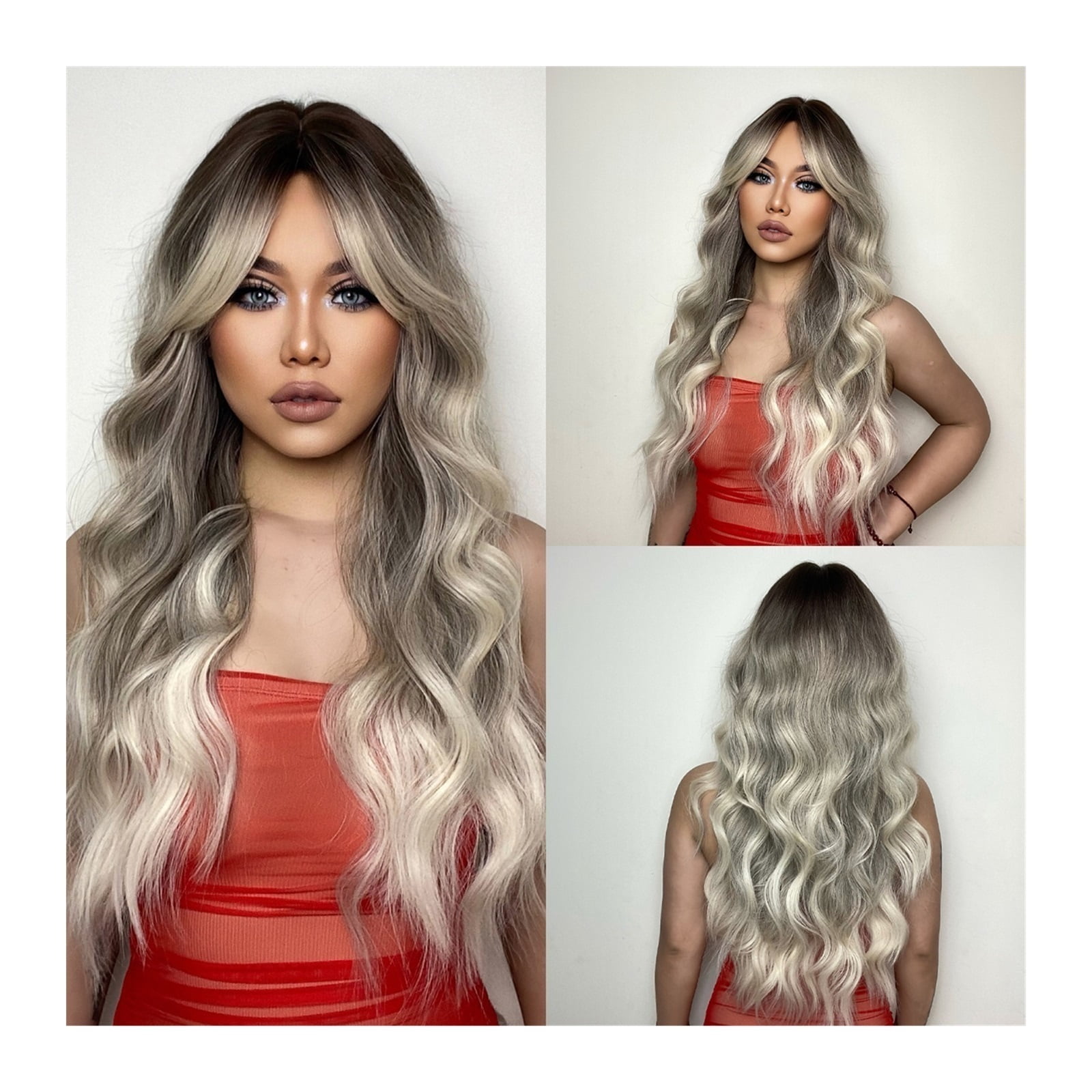 Ombre Ash Brown Blonde Synthetic Wigs for Women Long Wavy Gray Platinum Wigs With Bangs Daily Cosplay Natural Fake Hair