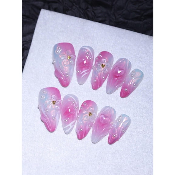Ombre Baby Pink 3D Water Ripple And Floral Pattern 100% Handmade Press Nails Pearls Golden