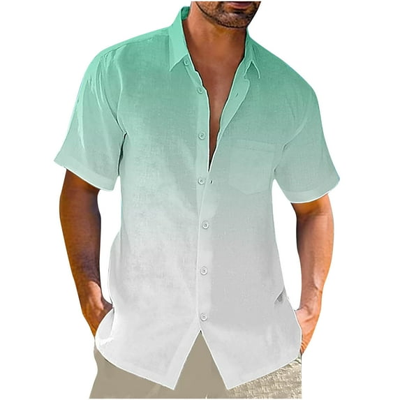 Ombre Beach Shirt for Men Linen Short Sleeve Lapel Dress Casual Vacation T-Shirt Tops Beach Button up Hawaiian Shirt