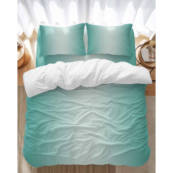 Ombre Bedding Duvet Cover Set Queen Size 4 Pieces Teal Green Gradient Soft Twill Plush Quilt Cover, Include 1 Duvet Cover 1 Flat Sheet And 2 Pillow