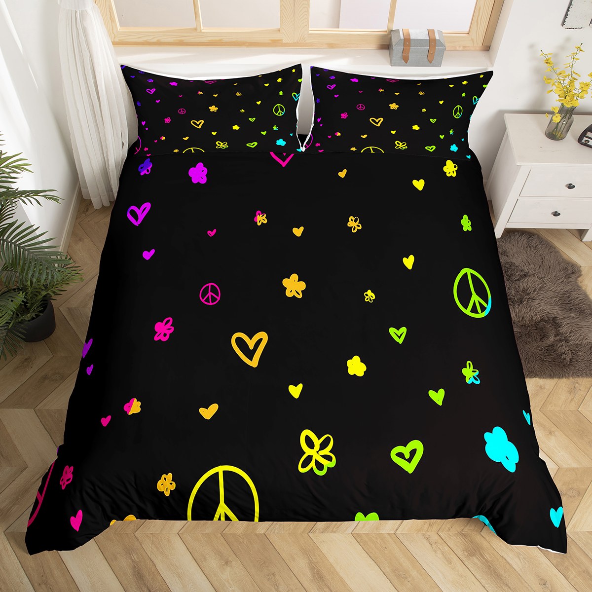 Ombre Black Duvet Cover King Cute Heart Pattern Floral Bedding Set 