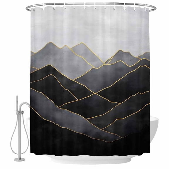 Ombre Black Gold Mountain Fabric Shower Curtain Abstract Art Washable Shower Curtains for Bathroom, Waterproof Bath Curtain with Hooks Home Decor 36x72in