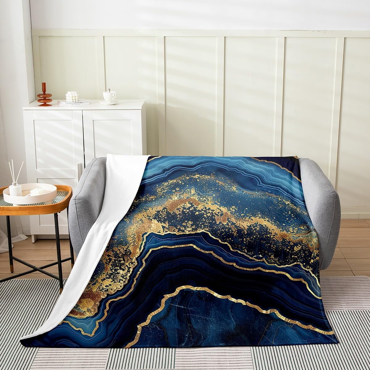 Ombre Black Marble Fuzzy Blanket,Golden Foil Print Throw Blanket Throw