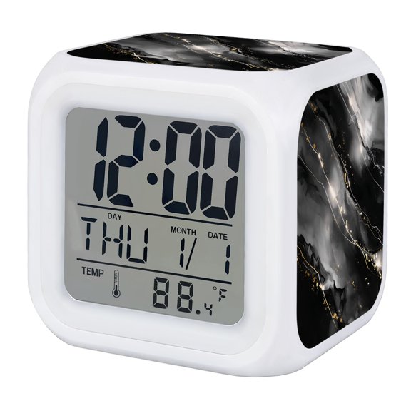Ombre Black Marble Texture Alarm Clock, White Glowing Modern Decor Digital Clock Night Light with 7 Color, Calendar Temperature Display, LED Desk Small Clock for Bedrooms Bedside Living Room