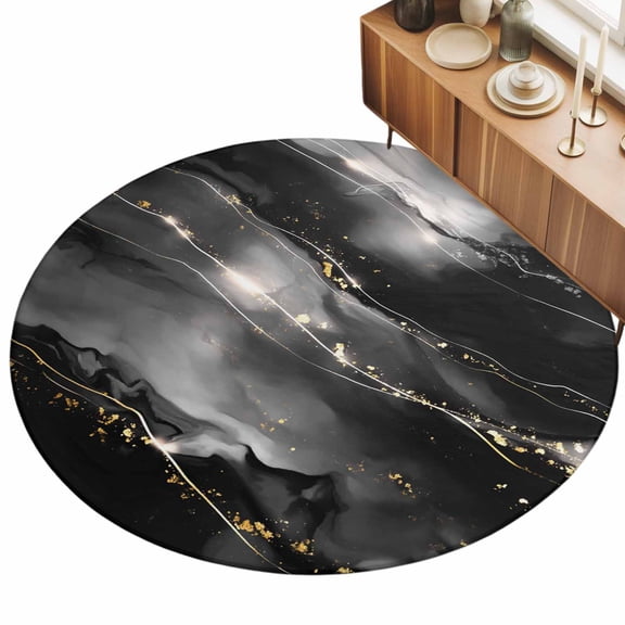 Ombre Black Marble Texture Area Rug, White Glowing Modern Decor Non-Slip Felt Rubber Backing Round Indoor Carpet Washable Rugs for Living Room Bedroom 3ft