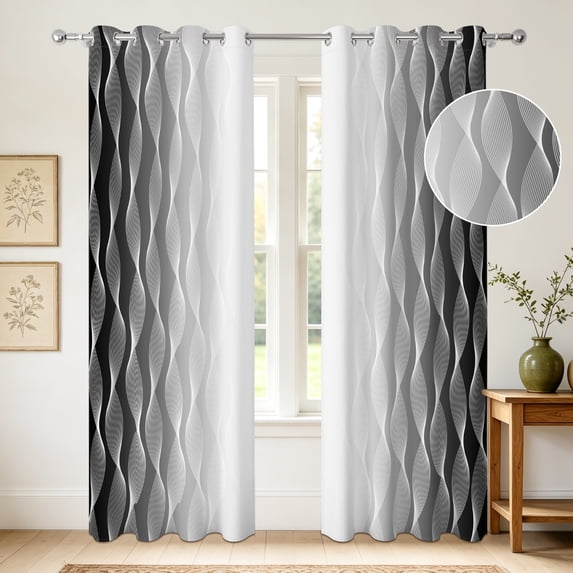 Ombre Black Wave Blackout Curtains 2 Panels,52x96 Inch,Grommet Top,Thermal Insulated Window Drapes For Bedroom Living Room